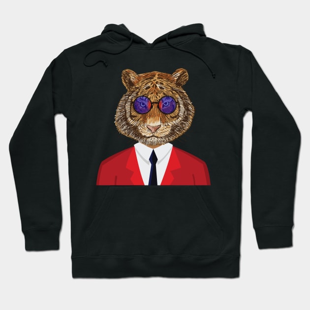 Retro Tiger In A Red Suit And Sunglasses Hoodie by Ricaso